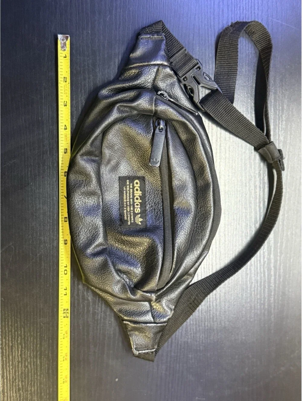 Vintage Adidas Faux Leather Black Fanny Pack Waist Bag Model 9028 Trefoil